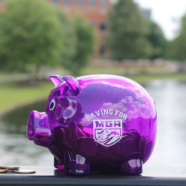 Purple piggy bank with saving for MGA written on its side