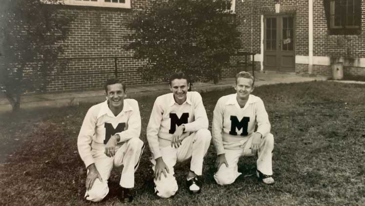 Male cheerleaders from Middle Georgia College in 1948 black and white photo