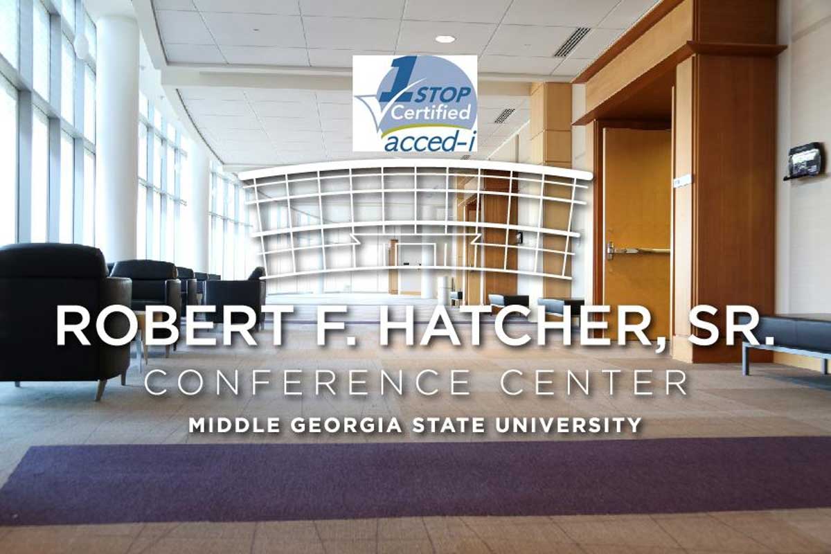 Hatcher Conference Center with logo and the ACCED-i badge overlay on top