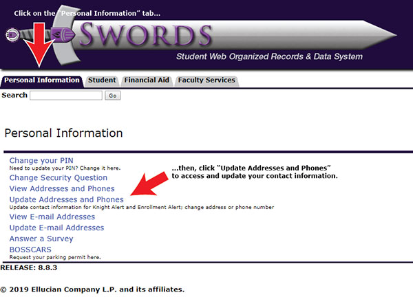 A screen shot of a SWORDS account with the personal information tab and Update Addresses and Phones link pointed out